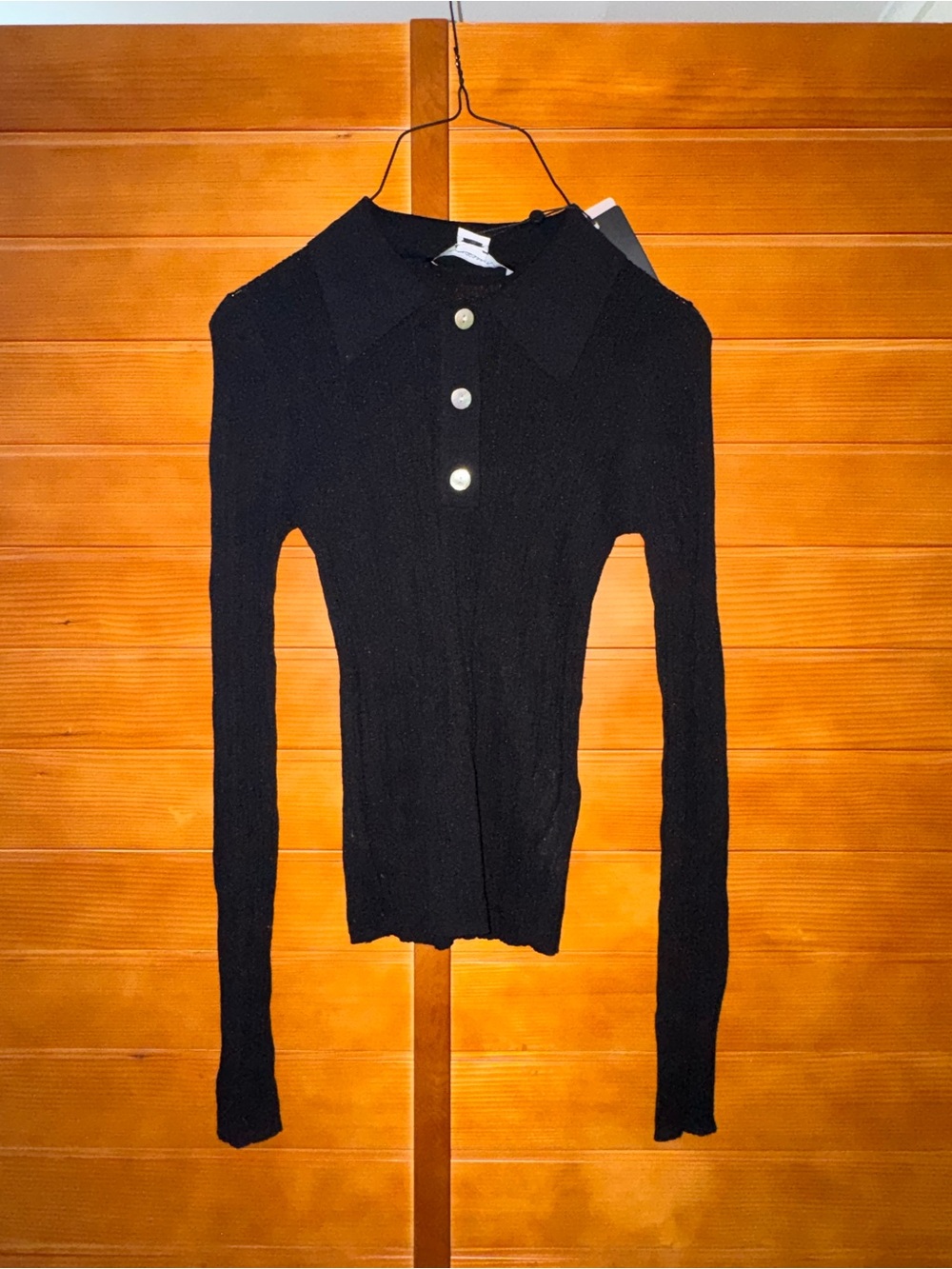 French Connection Black Long-Sleeve Polo Top with Button Placket